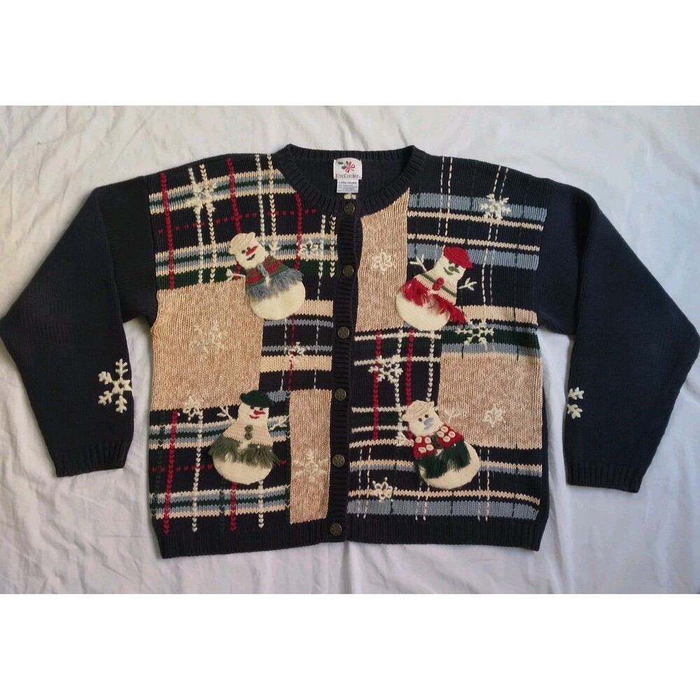 Vintage Nutcracker Christmas Holiday Party Cardigan Sweater Navy Snowmen Size L
